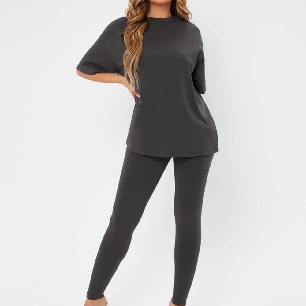 Women solid drop shoulder tshirt and legging matching set dark grey